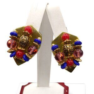 Unique Crest Shield Shaped Earrings, Vintage Brass with Royal Red Purple Blue
